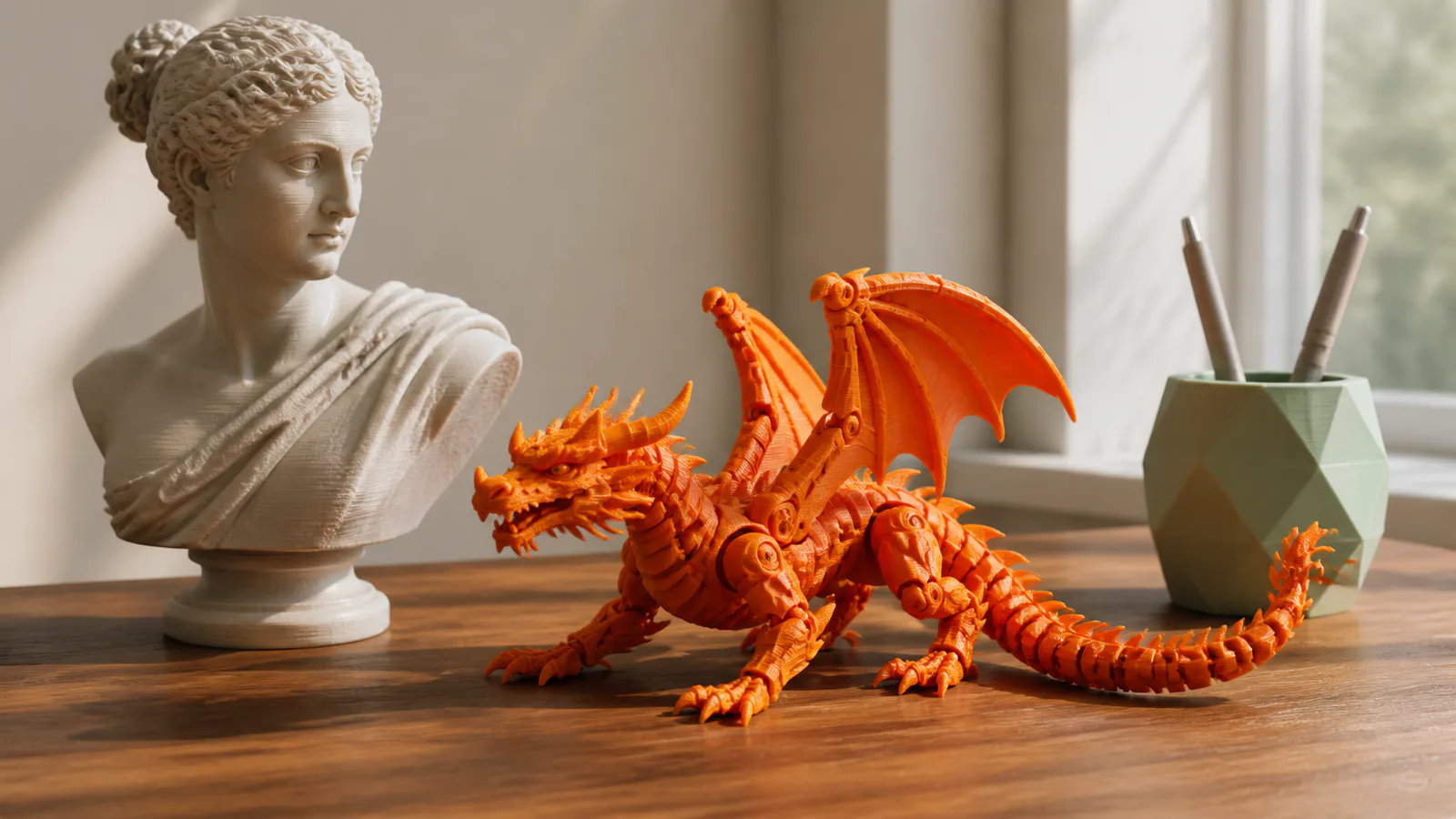 3D baskı büst, ejderha figürü ve masaüstü düzenleyici