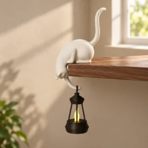 Ahşap raf kenarında duran beyaz kedi askı ve altında asılı siyah LED fener