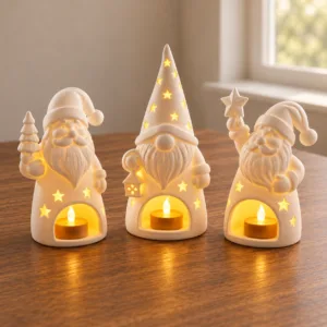 Ahşap masada iki Noel Baba ve bir cüceden oluşan üçlü LED mumluk seti