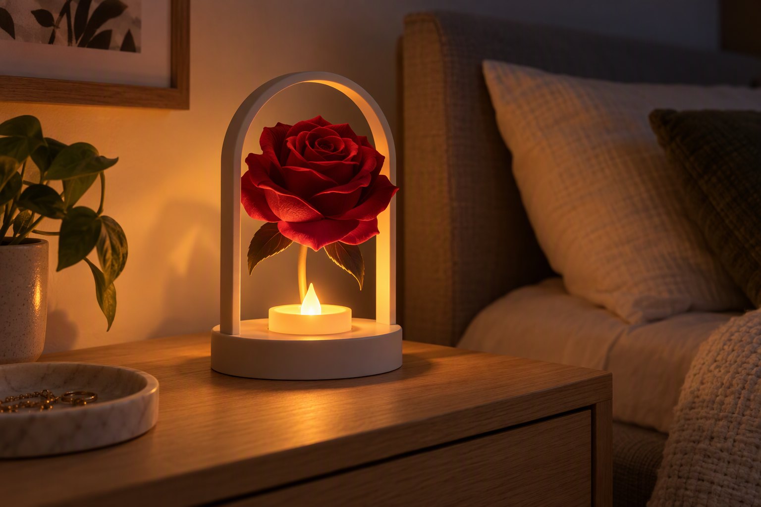 LED mumlu gül dekor lambası akşam ışığında komodin üzerinde